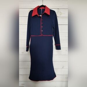 Oyrosy Chic Navy and Red Long Sleeve Dress